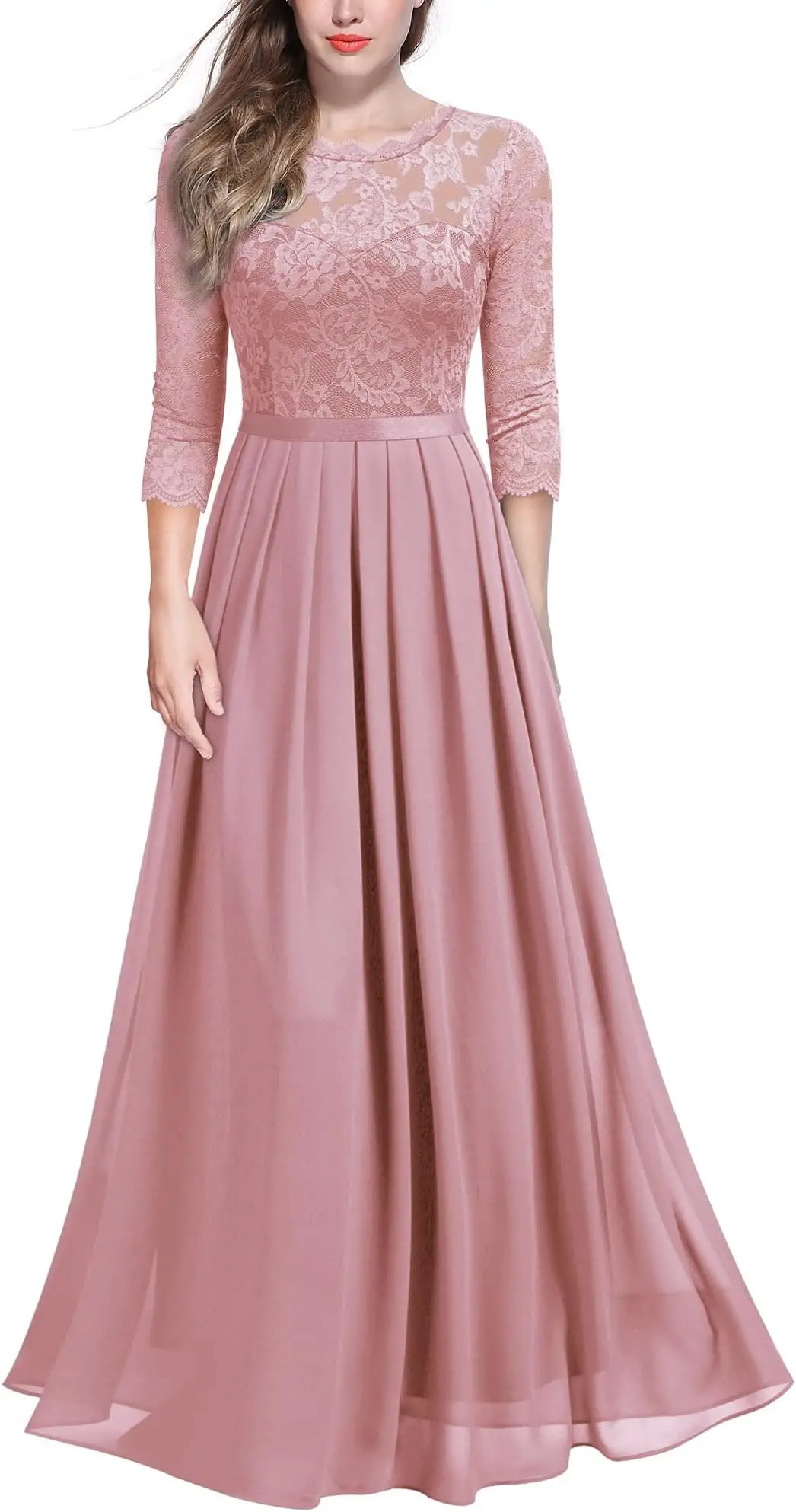 Miusol Women's Elegant Floral Lace 3/4 Sleeve Bridesmaid Formal Maxi Dress