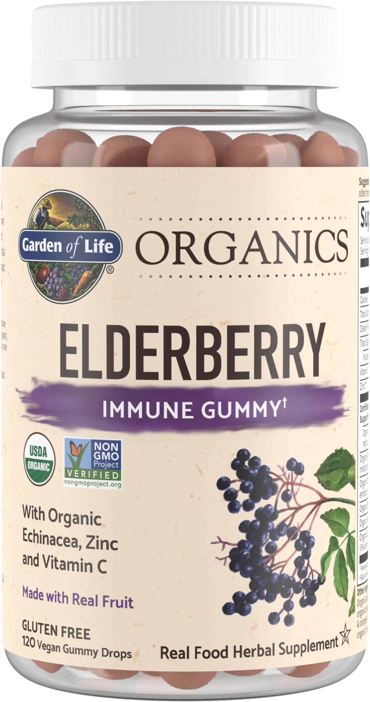 Garden of Life Organics Elderberry Gummies for Adults & Kids - Immune Support Supplement with Organic Fruit, Herbal Blend, Elderberry, Echinacea, Zinc, Vitamin C, 120 Vegan Gluten Free Gummies