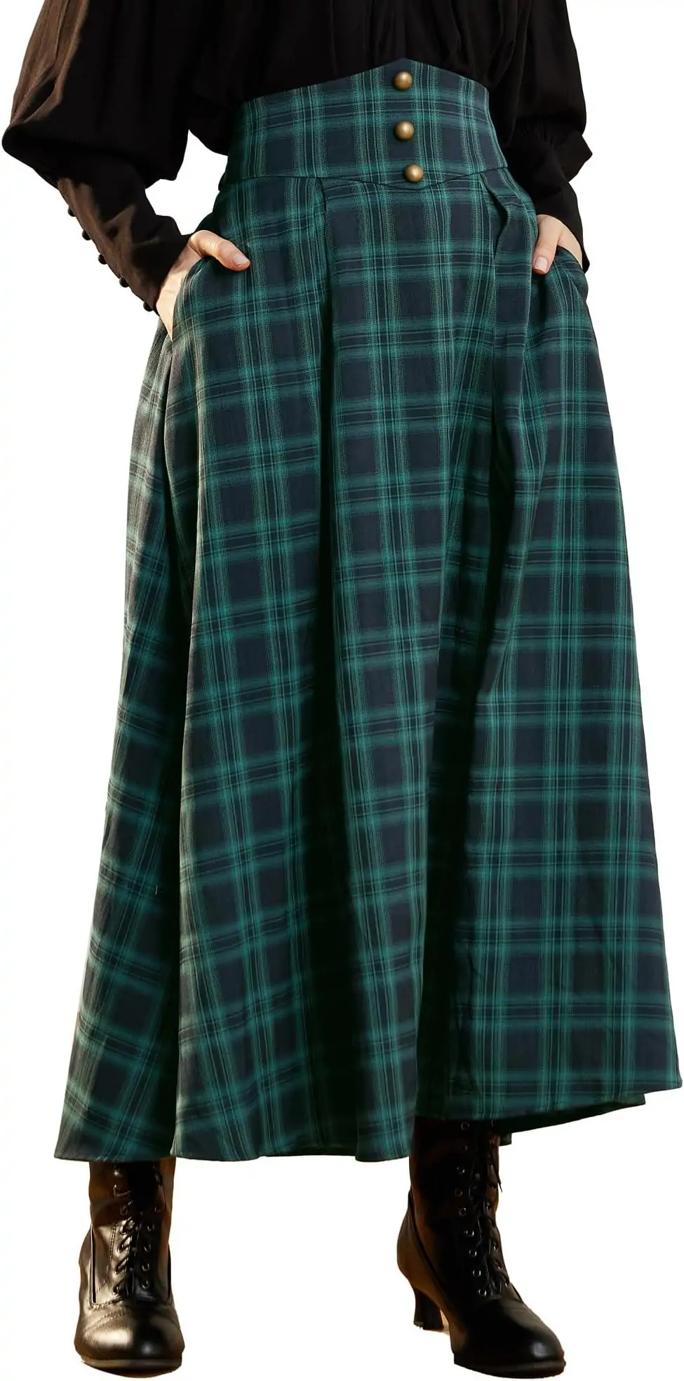 Scarlet Darkness Womens Plaid Skirt Elastic Waist A-Line Victorian Tartan Maxi Skirts