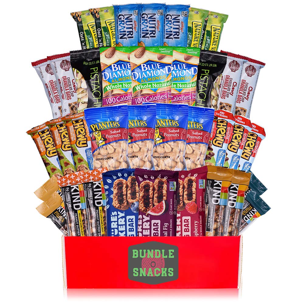 Variety Healthy Snack Box (37 Count) | Healthy Gift Basket of Assorted Packaged Granola Bars, Breakfast Bars, Nuts, Peanuts, Almonds, Fruit Bars | For Valentine Day Work Breakroom, Fitness, College Dorm Military