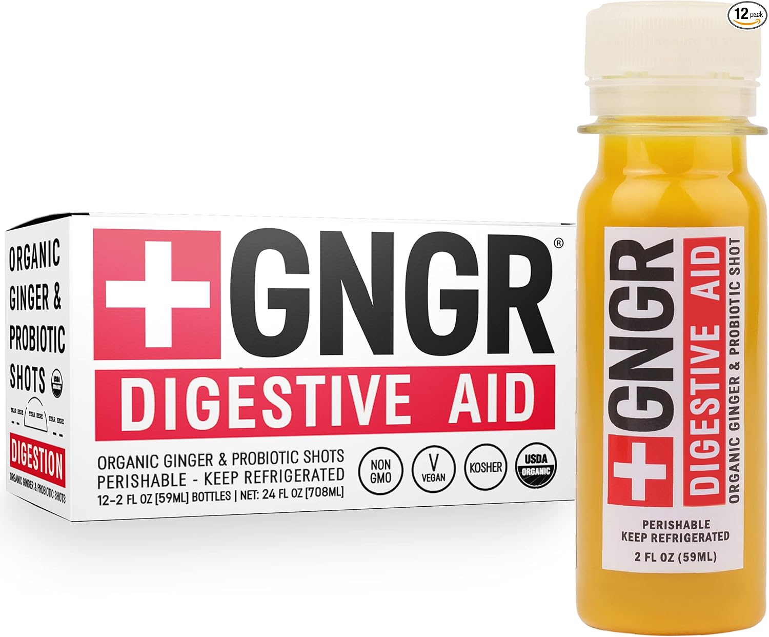 Digestive Aid Organic Ginger Shots with Probiotics, Gut Health, Colon Cleanse, Bloating Relief, Gut Detox, Immunity Shots with Ginger Juice, Turmeric, Black Pepper. (2 Oz, Pack of 12)