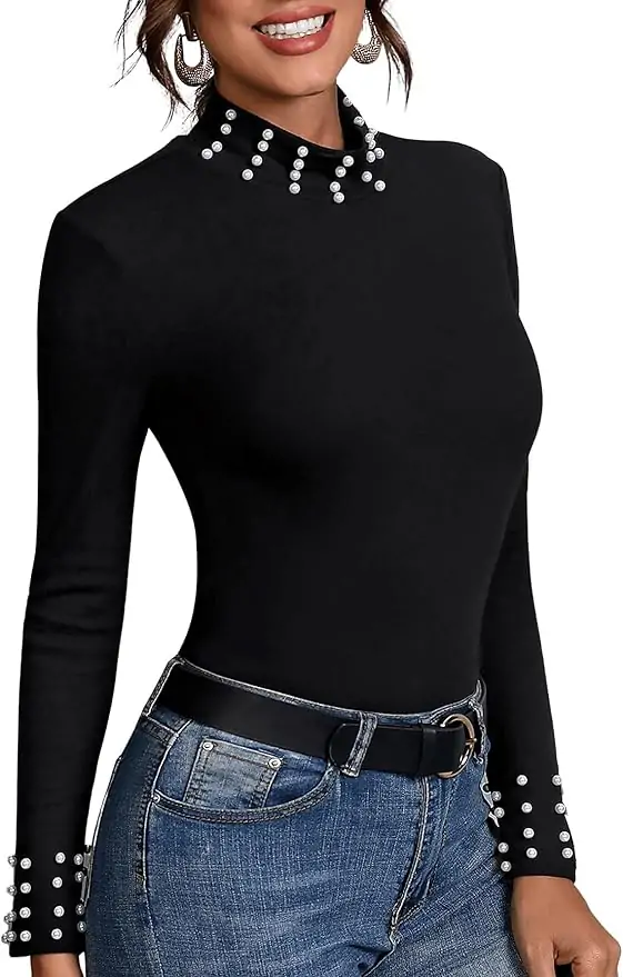 SweatyRocks Women's Casual Mock Neck Long Sleeve Beaded Solid Slim Fit Tee Shirt