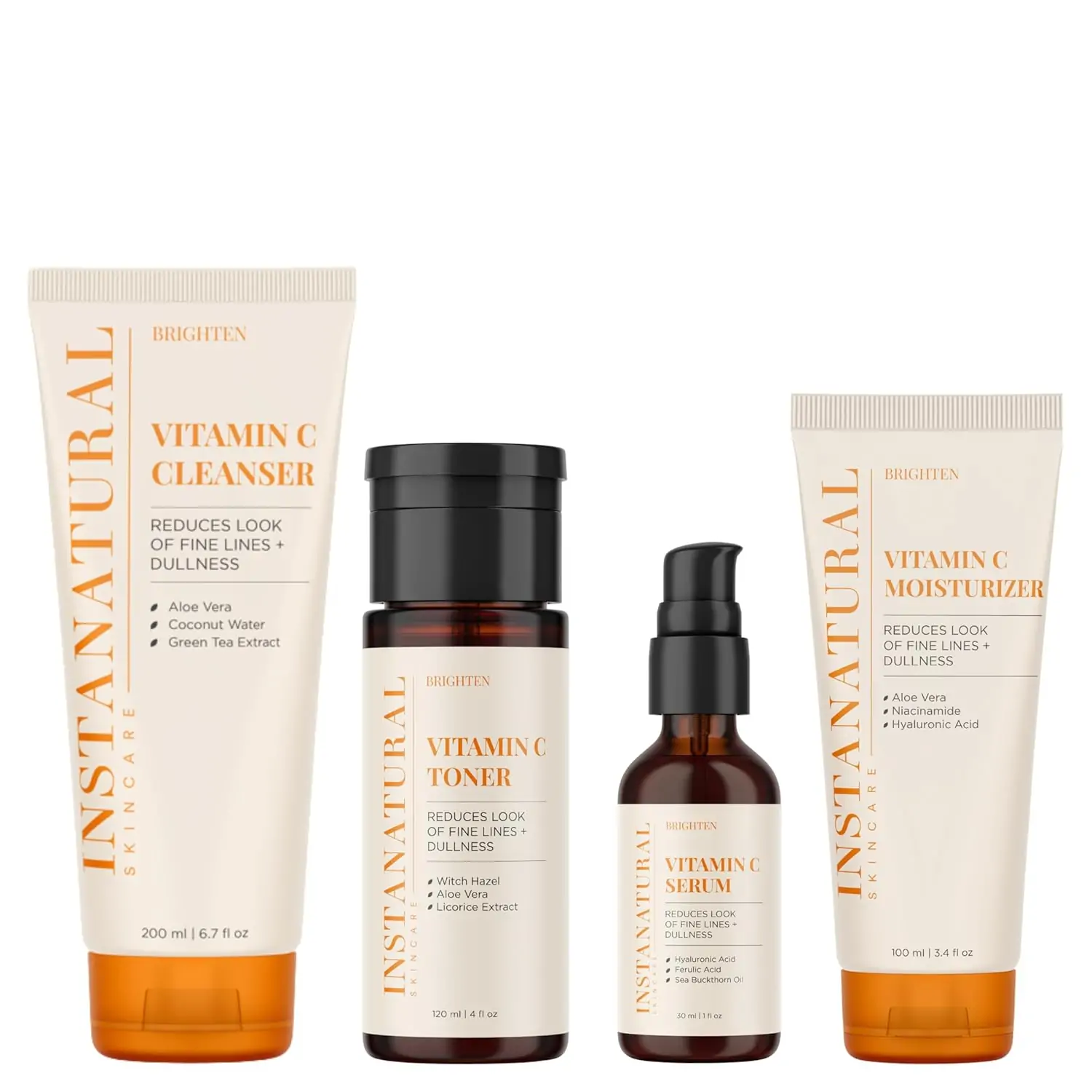 InstaNatural Vitamin C Four Step Skin Care Set, Skincare Routine, Brightens, Hydrates, Prevents Signs of Aging, Face Wash, Toner, Serum and Moisturizer, with Botanical Extracts