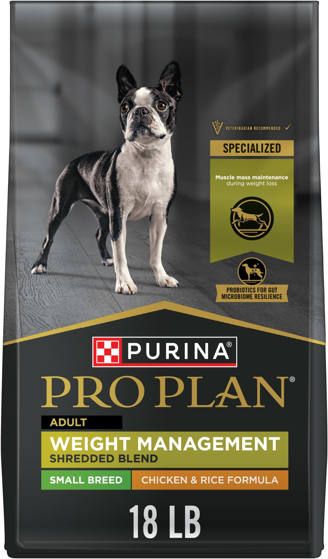 Purina Pro Plan Small Breed Weight Management Dry Dog Food, Shredded Blend Chicken and Rice Formula - 18 lb. Bag