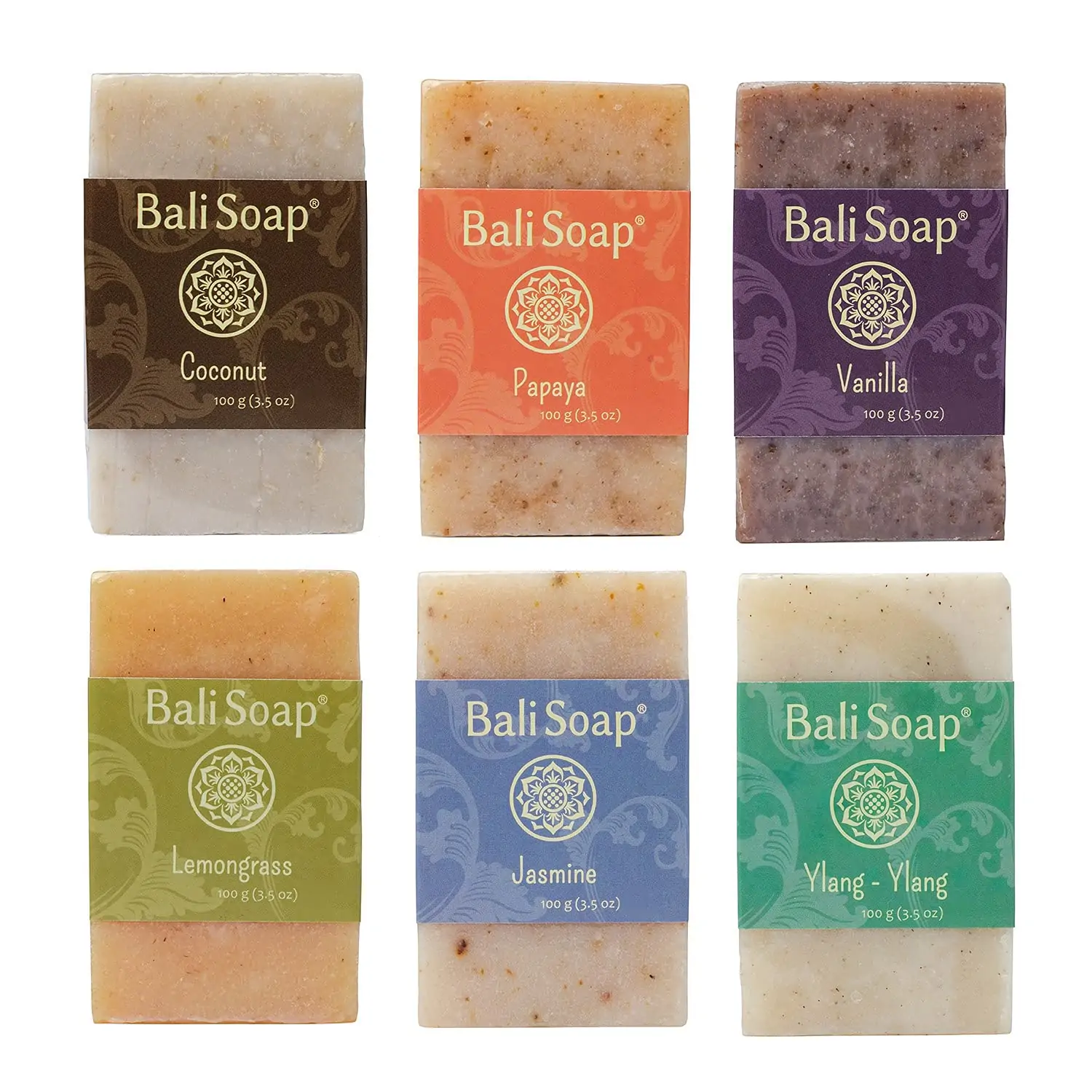 Bali Soap - Green Collection - Natural Soap Bar Gift Set, Face Soap or Body Soap, 6 pc Variety Soap Pack (Coconut, Papaya, Vanilla, Lemongrass, Jasmine, Ylang-Ylang) 3.5 Oz each