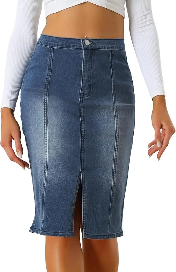 Allegra K Women's Slit Elastic High Waist Below Knee Length Casual Stretch Bodycon Pencil Denim Skirt