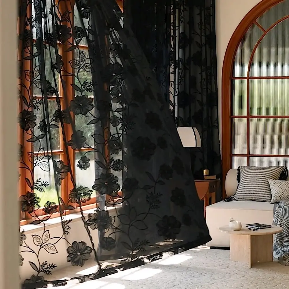 Treatmentex Black Sheer Lace Curtains for Bedroom Living Room Studio 84inch Long Vintage Rose Floral Embroidered Semi Sheer Curtain Panels Privacy Leaf Sheer Drapes with Scalloped Edge 54