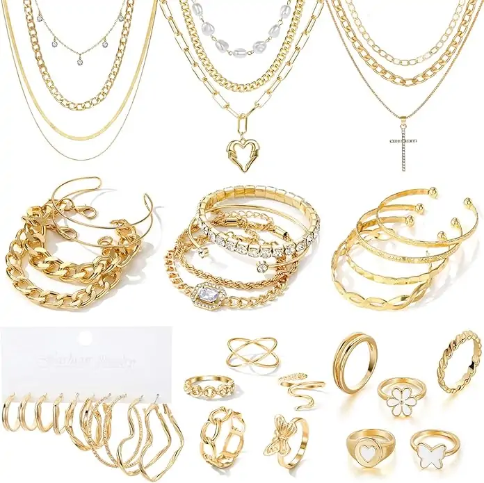 41 PCS Gold Jewelry Set for Women, Dainty Dangle Earrings,Cute Knuckle Rings,Adjustable Layered Necklaces and Chunky Bracelets,Fashion Trendy Anniversary Birthday Gift Packs