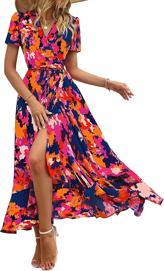 PRETTYGARDEN Women's Summer Wrap Maxi Dress Casual Boho Floral V Neck Short Sleeve Ruffle Hem Split Beach Long Dresses