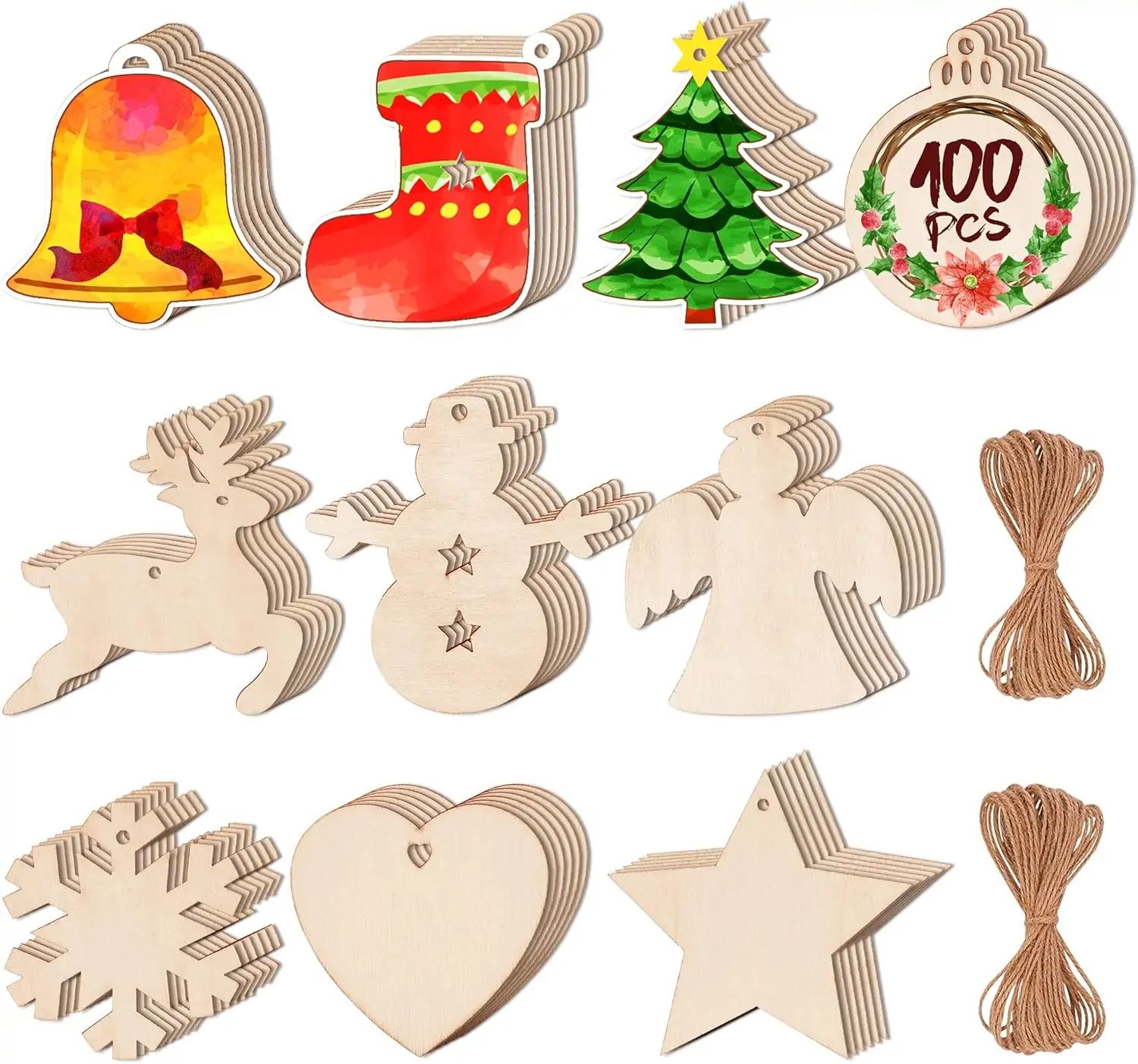 Max Fun 100PCS DIY Wooden Christmas Ornaments Unfinished Predrilled Wood Circles for Crafts Centerpieces Holiday Hanging Decorations in 10 Shapes