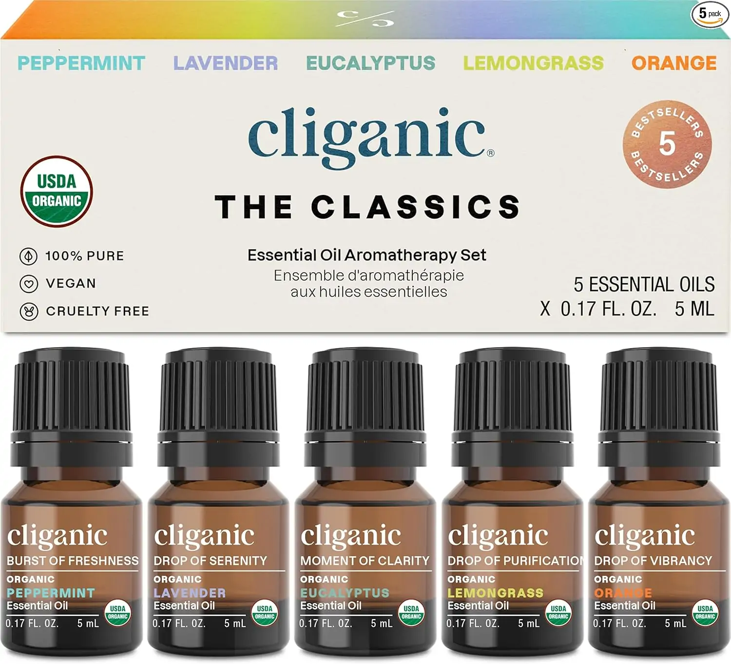 Cliganic Organic Essential Oils Set (Top 5) - 100% Pure Natural - Aromatherapy, Candle Making - Peppermint, Lavender, Eucalyptus, Lemongrass & Orange (Packaging May Vary)