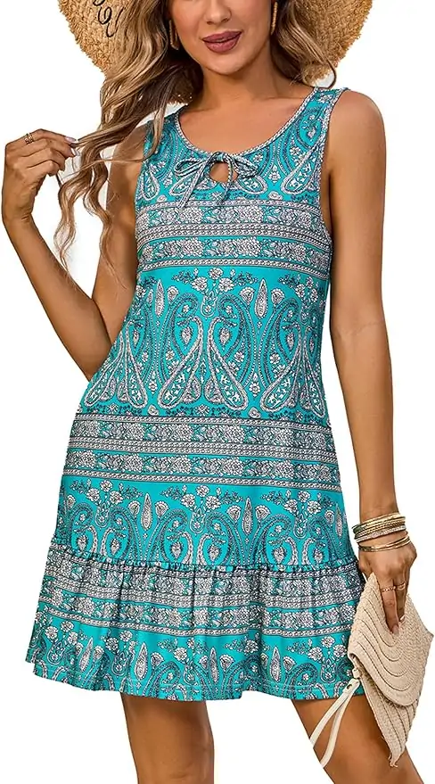 Summer Dresses: Rope Tie Neck Sleeveless Pockets Sundresses - Chic & Casual Dress for Women on Beach Time