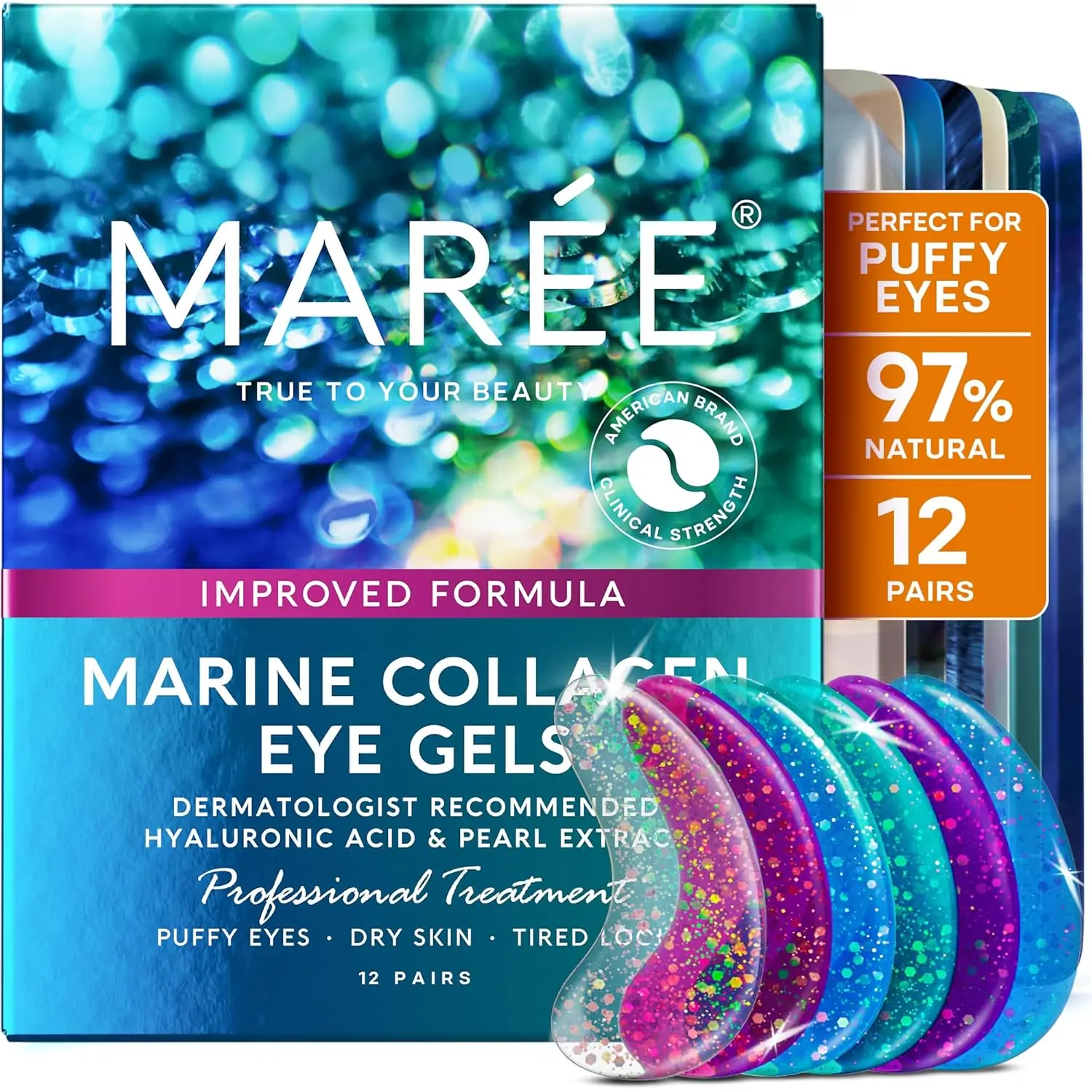 MAREE Eye Gels - Under Eye Patches for Puffy Eyes and Dark Circles with Natural Marine Collagen & Hyaluronic Acid - Anti-Aging Eye Masks for Face to Soothe Puffiness, Undereye Patches for Wrinkles