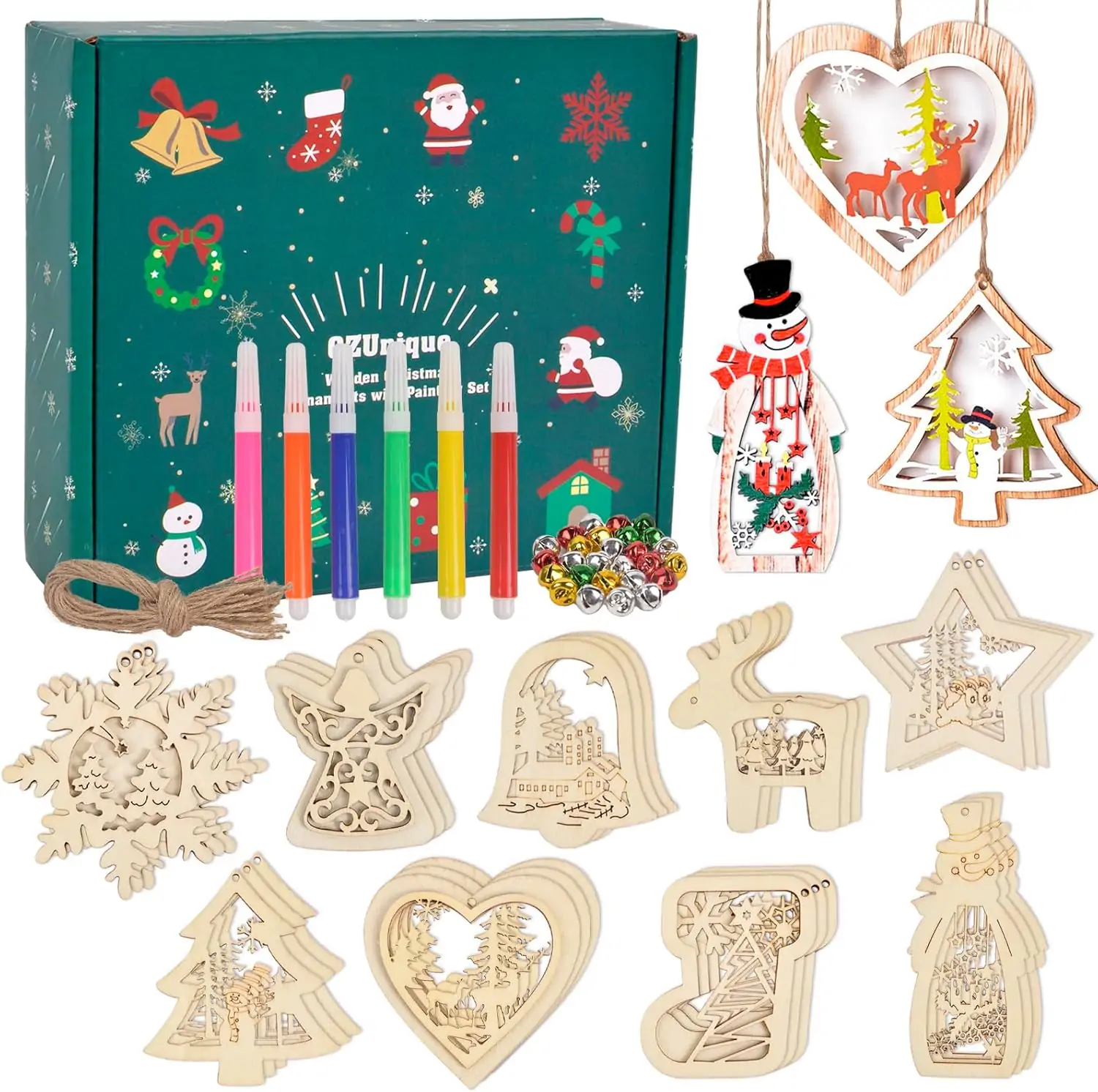 Wooden Christmas DIY Ornaments Crafts - 27 Pack, 9 Styles of Unfinished Christmas Ornaments, 6 Colored Markers, Hanging Rope, Bells, Predrilled DIY Tree Crafts, Natural Wooden Slices for Holiday, Xmas