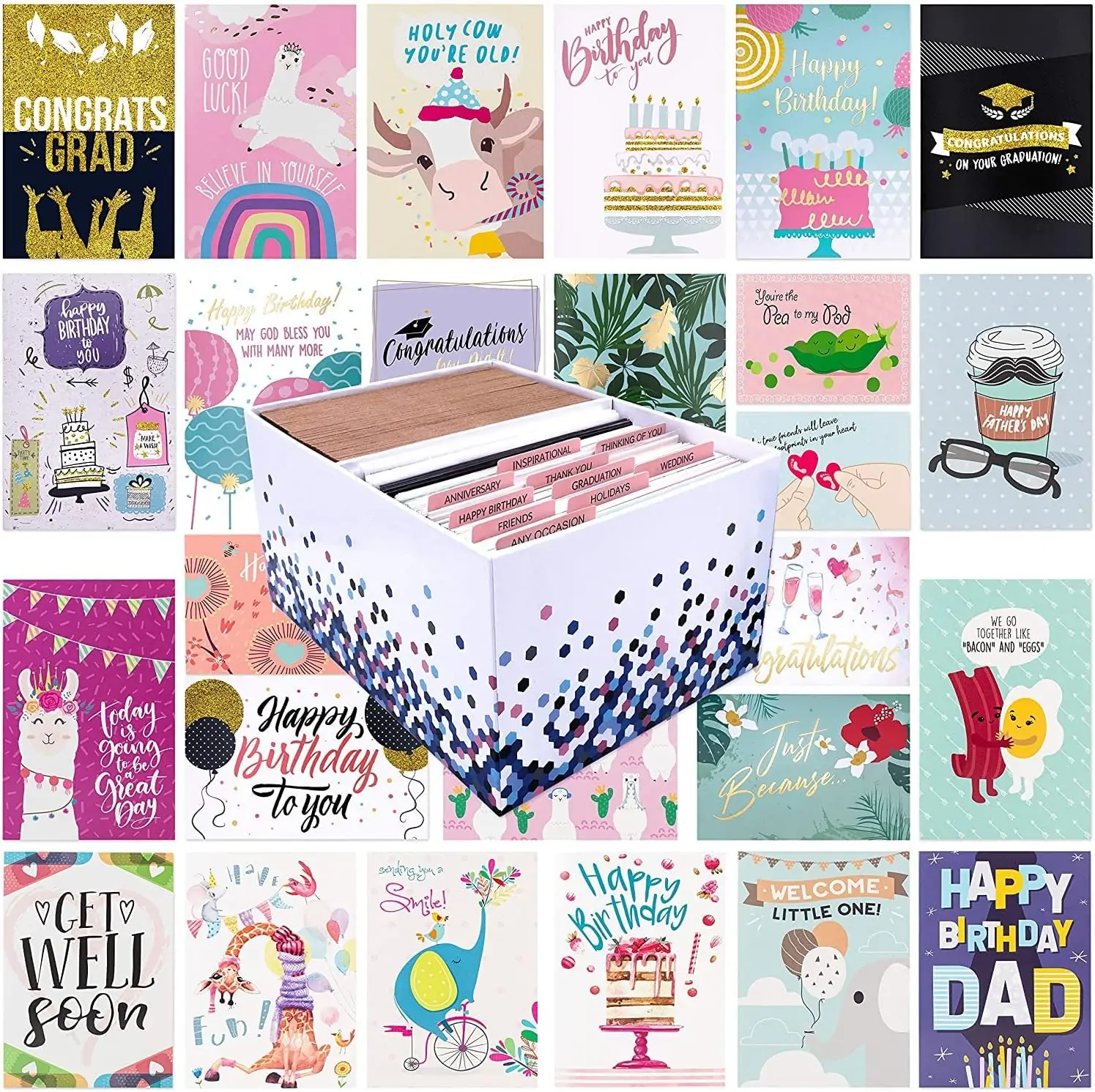 100 All Occasion Greeting Cards- 100 Eye Catching Designs with Organizer Box- Friendship /Anniversary Cards, BFF Cards, Thanks Cards, Wedding Cards & More- 4 x 6 with 100 Envelopes