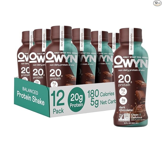OWYN Only What You Need Plant Based Protein Shake, Dark Chocolate, 20g Vegan Protein from Organic Pumpkin seed, Flax, Pea Blend, Omega-3, Prebiotic supplements, Gluten and Soy-Free, (12 Pack)