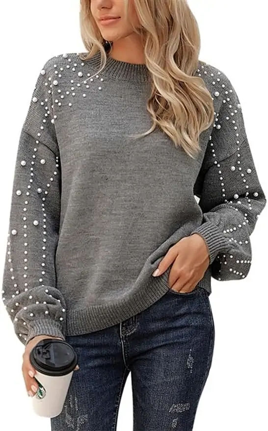 Blooming Jelly Women's Chunky Sweater Crewneck Sweatshirt Knit Lantern Sleeve Oversized Pullover Sweater with Pearls