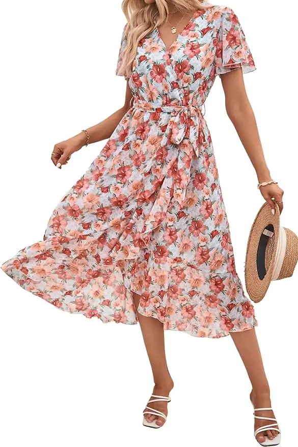 PRETTYGARDEN Women's Summer Floral Boho Dress Wrap V Neck Short Sleeve Ruffle A-Line Flowy Maxi Wedding Guest Dresses