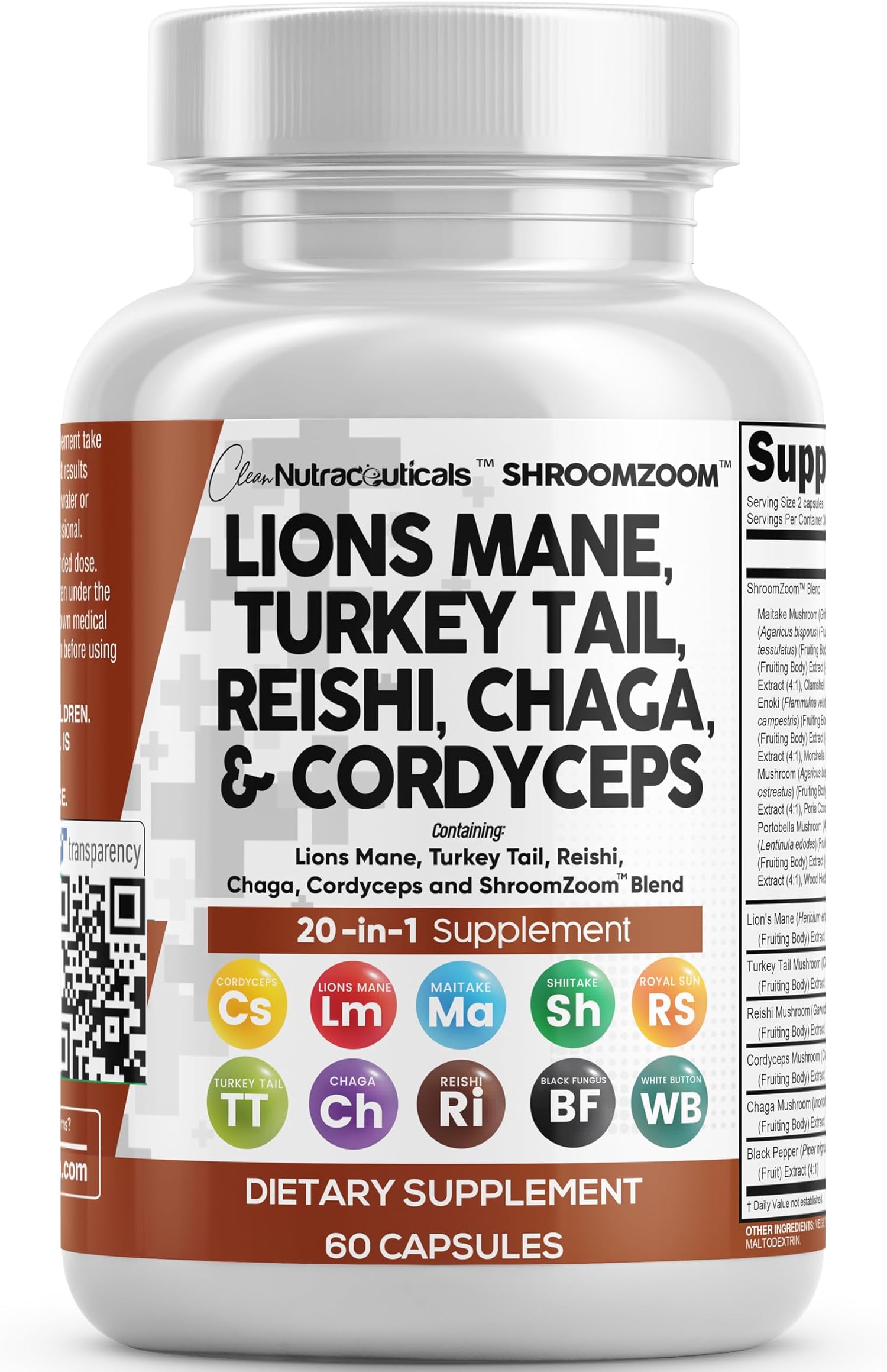 Clean Nutraceuticals Lions Mane 20in1 Mushroom Supplement with Turkey Tail Reishi Cordyceps Chaga Maitake Meshima Poria Cocos Shiitake Oyster Porcini Enoki 60 Count