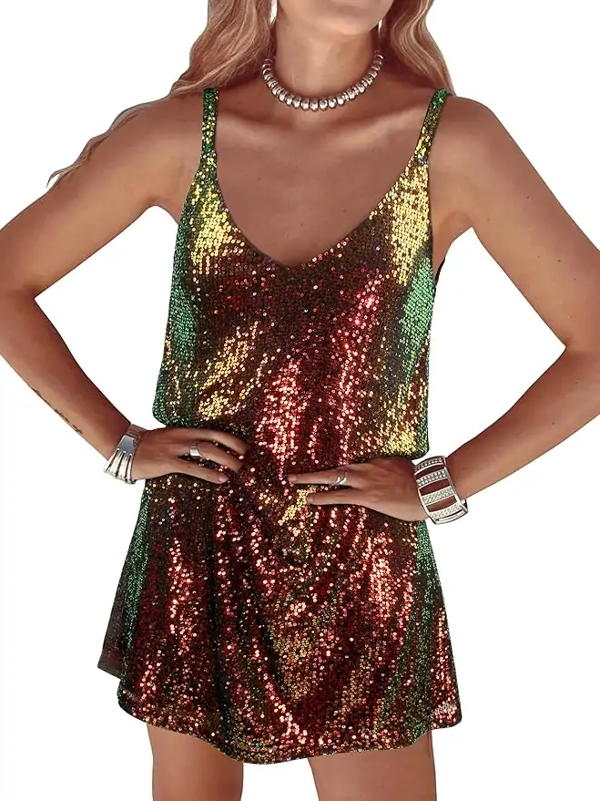 Women Sequin Sexy V Neck Shift Dress Sparkly Glitter Sleeveless Short Flowy Loose Party Night Out Club Dress