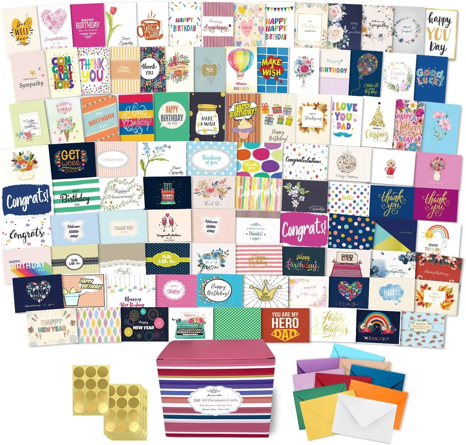 100 All Occasion Cards Assortment Box with Color Envelopes，All Occasion Cards Set with Greeting Inside, Large 5 x 7 inch Cards with Stickers and Dividers