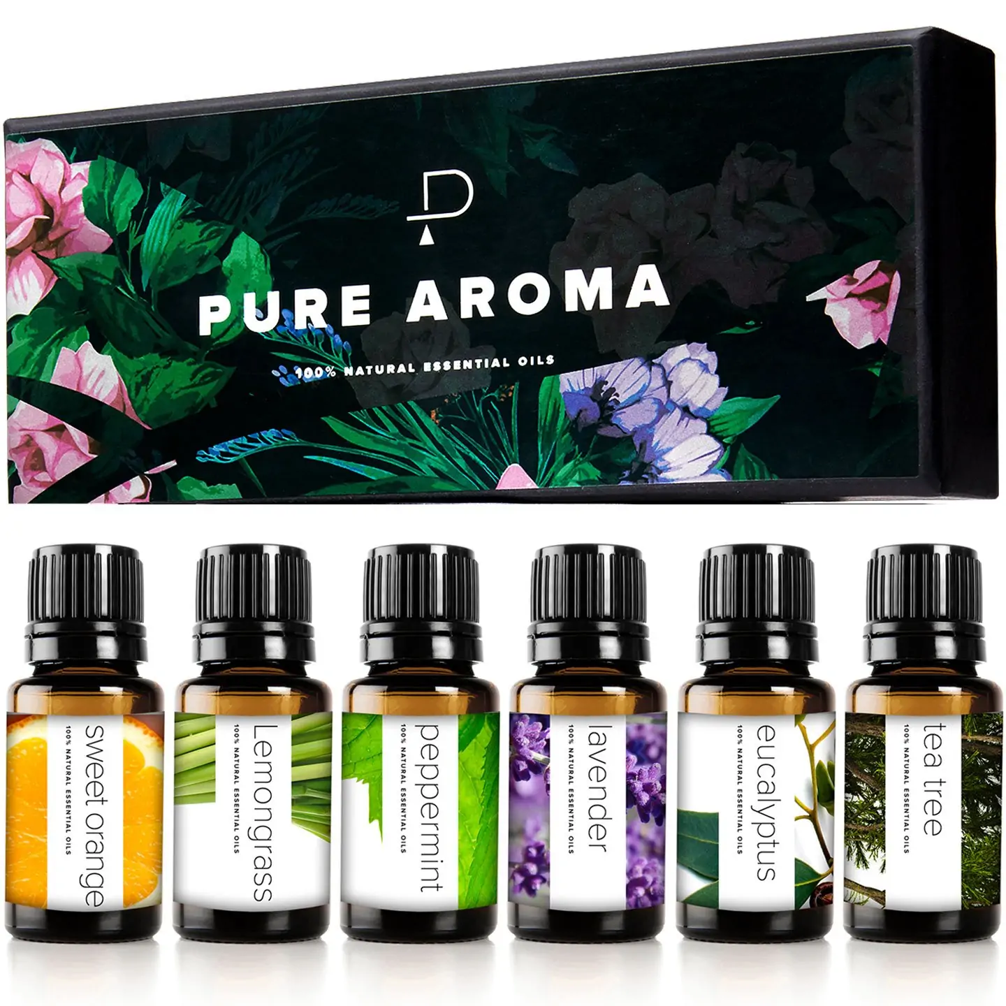 Essential Oils Set by Pure Aroma - Top 6 Aromatherapy Oils Gift Set-6 Pack, 10ml(Eucalyptus, Lavender, Lemongrass, Sweet Orange, Peppermint, Tea Tree)