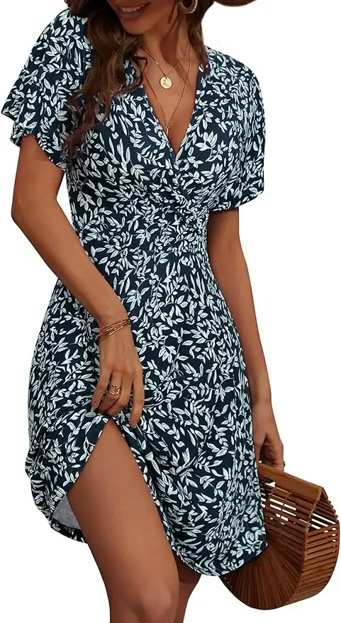 FENSACE Womens Sundress Summer Floral Short Sleeve Wrap V Neck A-Line Midi Dress