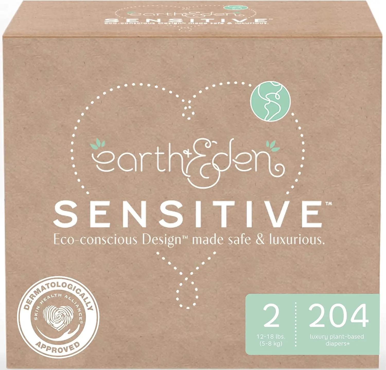 Earth & Eden Sensitive | Eco-Conscious & Hypoallergenic Diapers | Size 2 | 204 Count