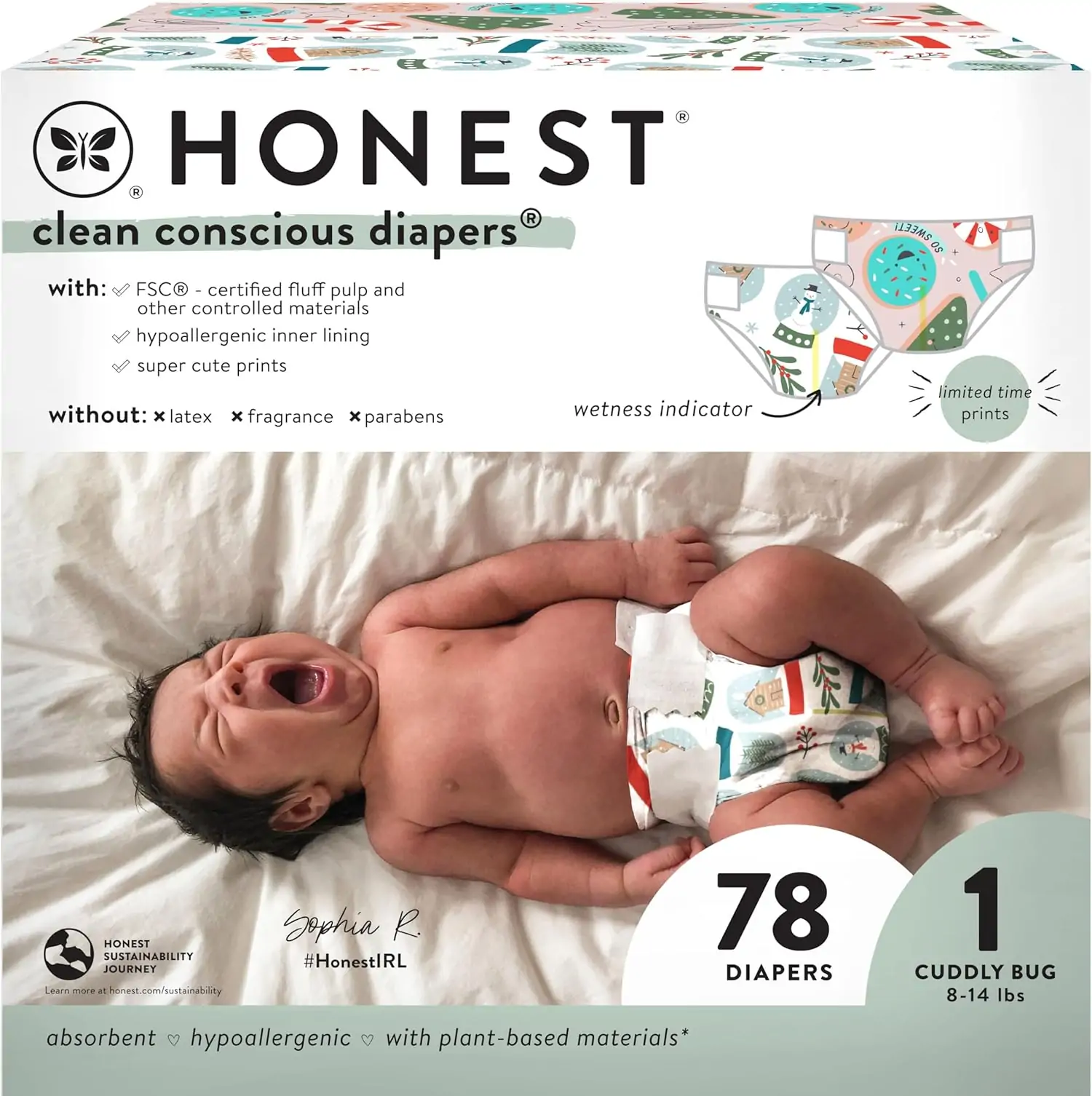 The Honest Company Clean Conscious Diapers | Plant-Based, Sustainable | Winter '24 Limited Edition Prints | Club Box, Size 1 (8-14 lbs), 78 Count