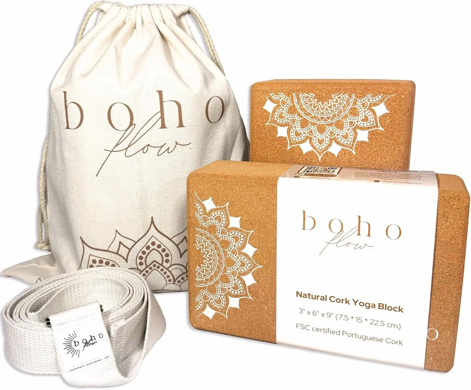 Natural Cork Yoga Blocks 2 Pack with Strap | Essential Yoga Accessories | 9” x 6” x 3” FSC-Certified Portuguese Cork Yoga Blocks, 8ft Yoga Strap and Carry Bag | High Denisty, Non-Slip, Eco-Friendly & Durable Yoga Equipment