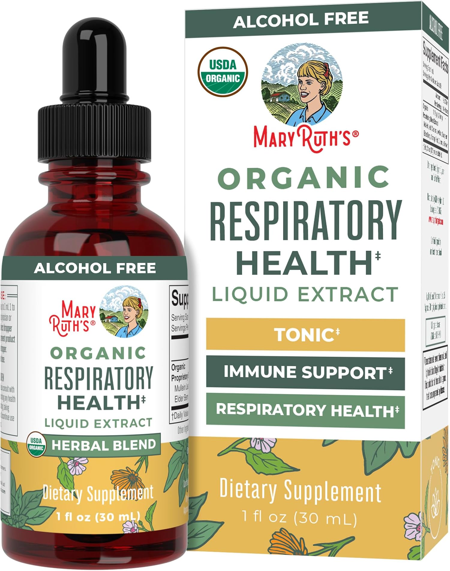 USDA Organic Respiratory Health Liquid Drops with Mullein Leaf | Marshmallow Root & Elderberry | Mullein Drops for Lungs Herbal Blend | Immune Support Supplement | Non-GMO | Vegan | 1 Fl Oz