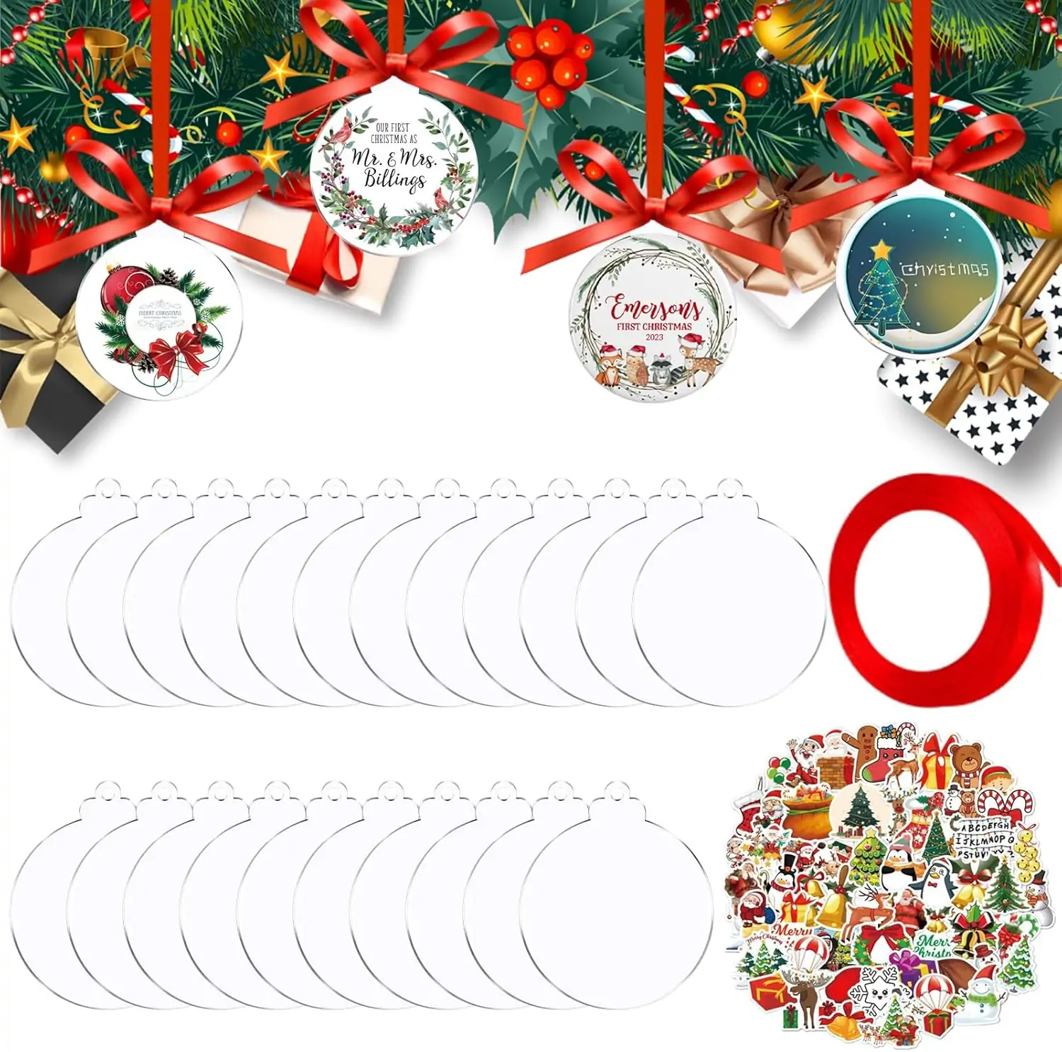 Acrylic Ornaments Blanks, 50Pcs Acrylic Blanks & 50Pcs Stickers, DIY Christmas Ornaments, Blanks Ornaments with a Red Roll Ribbons for Christmas Tree Decoration Xmas Party Holiday Decoration(4 Inch)