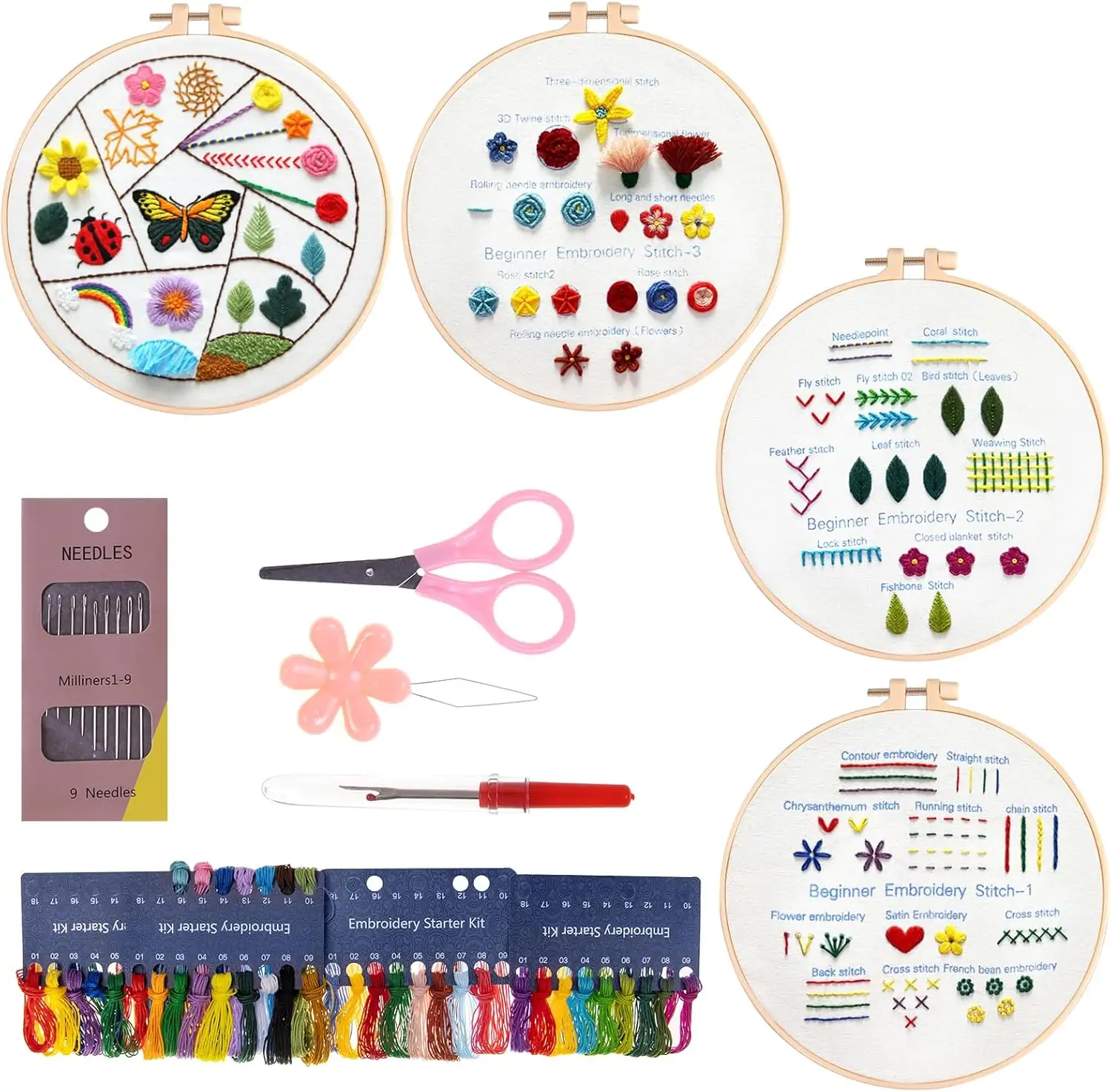 Embroidery Kit for Beginners 4 Sets, Embroidery Kit for Adult Practice Kit for Hand Craft Lover, Starters Cross Stitch Kits with Embroidery Cloth, Hoop, Color Threads, Scissors, Tools & Instruction