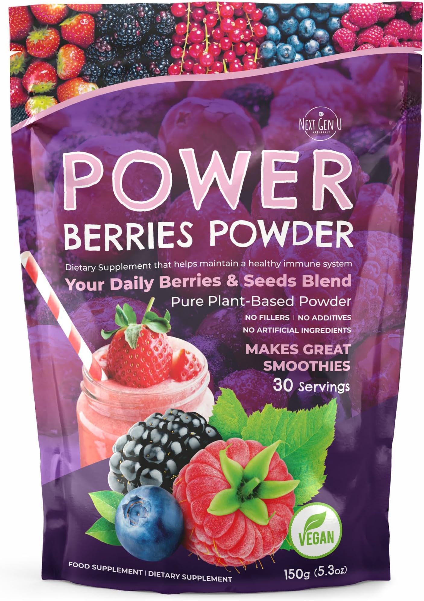 Next Gen U Super Berry Powder 150g, Immune Support Food Supplement, Superfood Berries Smoothie Mix for Shakes, Detox & Healthy Boost for Juice Beverages or Any Drink