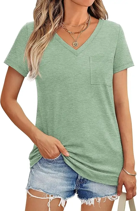 AUTOMET Womens T Shirts Short Sleeve V Neck Tops with Pockets Summer Fashion Trendy Soft Casual Comfy Outfits Clothes 2025