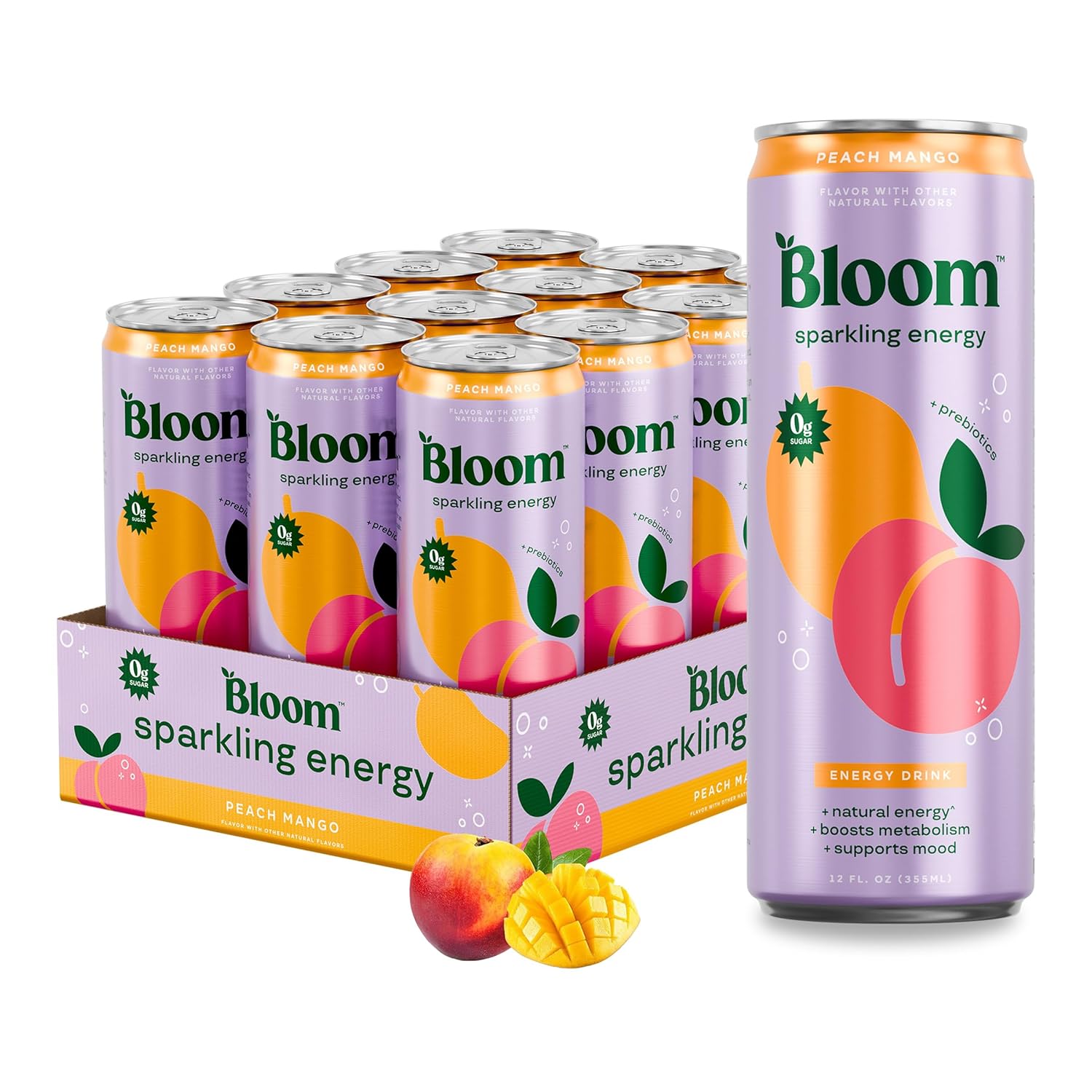 Bloom Sparkling Energy Drink - Natural Caffeine, Zero Sugar, 180mg Caffeine - Antioxidant-Rich w/Green Coffee Bean, Green Tea Extract, Prebiotics - Wellness Beverage for Focus & Metabolism 12oz 12 pk