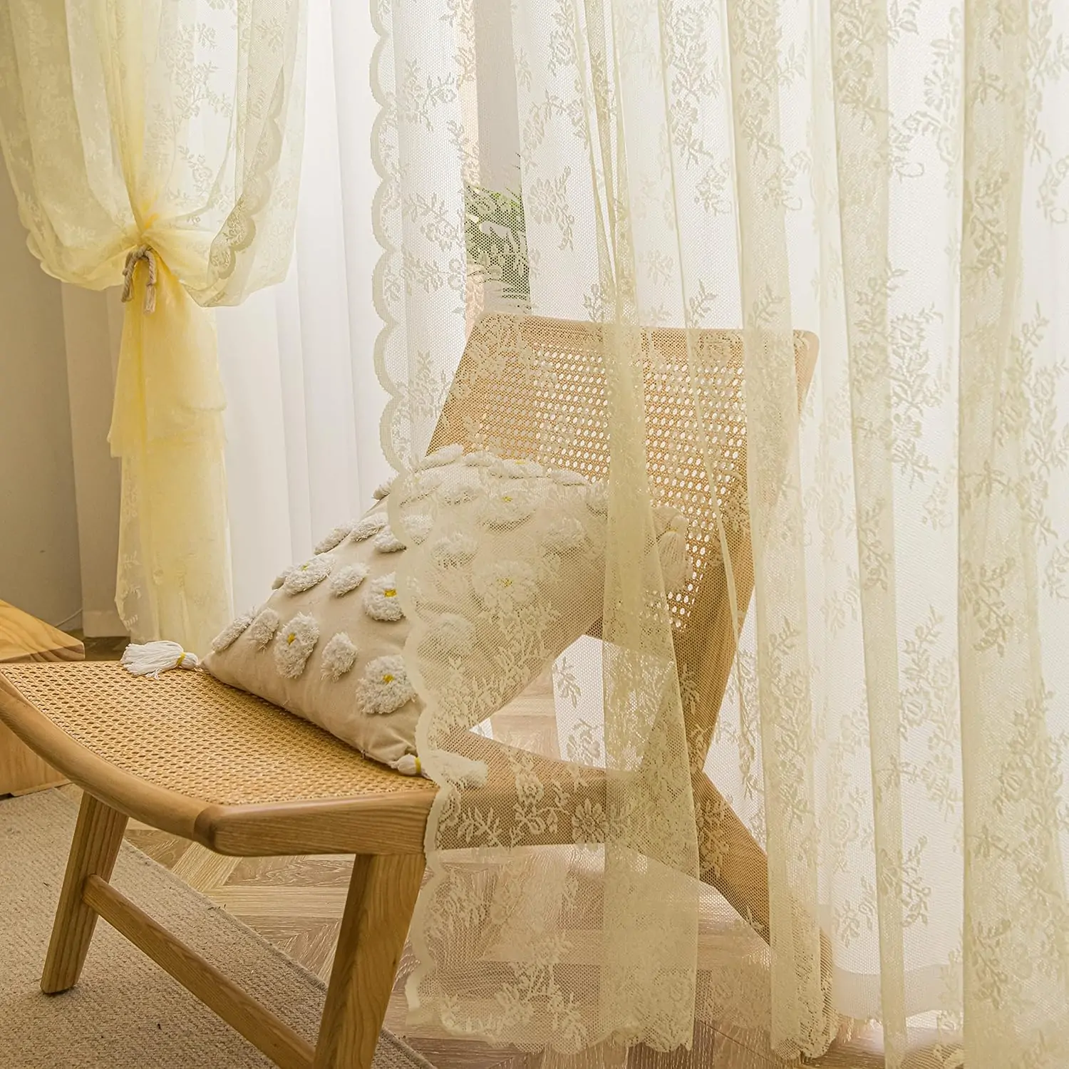 Sutuo Home Lace Curtains 2 Panels Set, Cream Yellow Sheer 72 Inch Long Window Floral Vintage Voile Window Panel Treatment for Bedroom/Living Room/Kitchen, Decor Rod Pocket W57 x L72