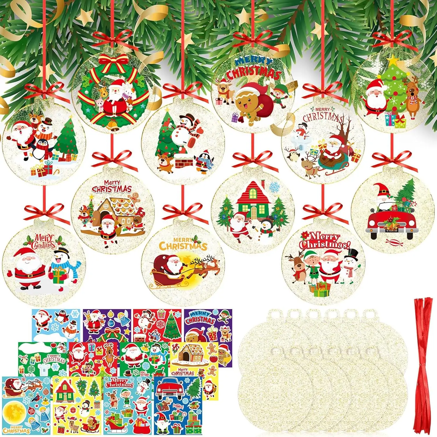 Capoda 24 Packs Christmas Clear Acrylic Ornament with Red Ribbon and Stickers DIY Round Gold Acrylic Ornaments Blank Bulk Xmas Hanging Ornaments Transparent Circle Discs for Christmas Tree DIY Crafts