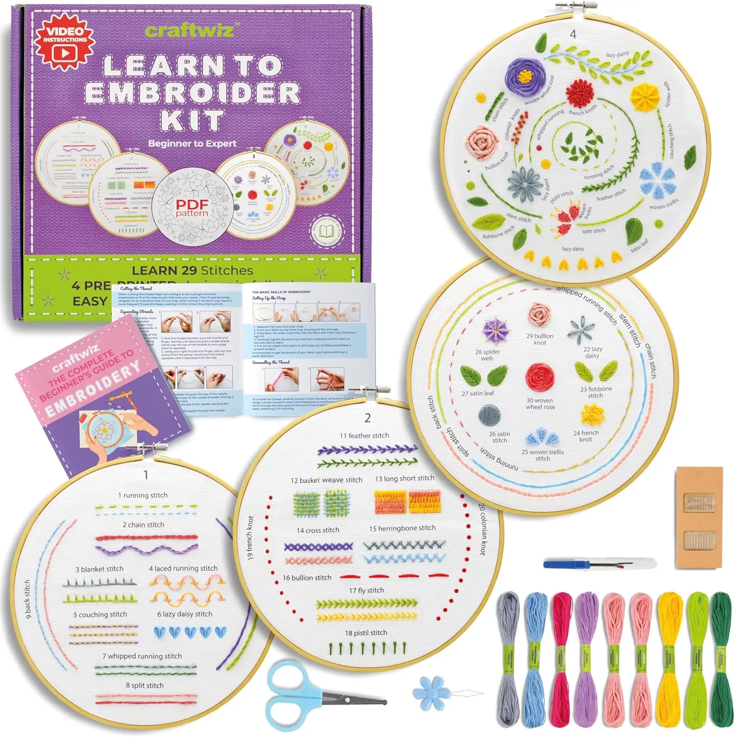 Craftwiz 4 Set Starter Embroidery Kit for Beginners Adults and Teens with Simple Embroidery Patterns, Beginner Embroidery Kit for Adults, Learn to Embroider 29 Stitches with Hand Embroidery Kit