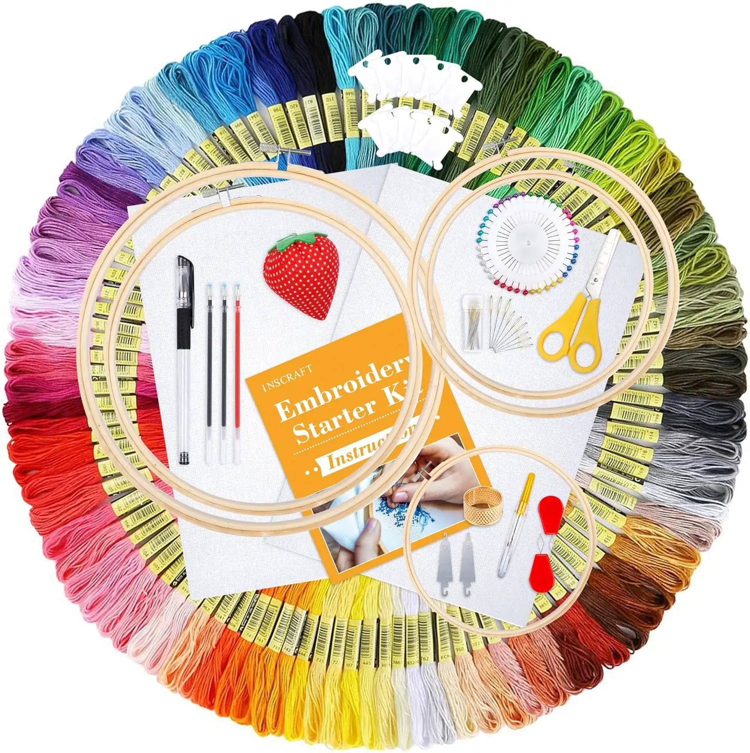 INSCRAFT 304 Pack Embroidery Kit, 200 Colors Threads, 5 Pcs Bamboo Embroidery Hoops, 2 Pcs Aida Cloth, Instructions, Bag and Cross Stitch Tools Set, Hand Embroidery Starter Kit for Beginners Adults