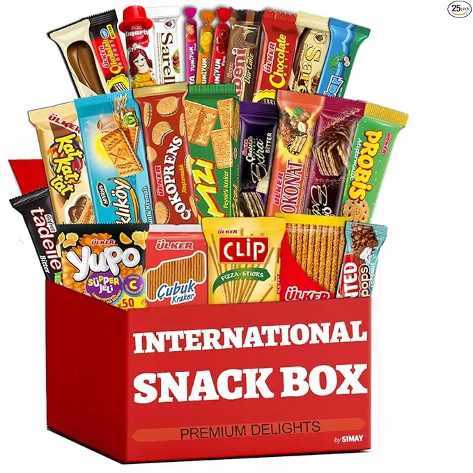 Eros Foreign Snacks Box, International Snack Box, Exotic Snacks, 25 Count Snack Packs Variety Box, Universal Yums, International Snacks, Turkish Snacks Gift Box, Snack Boxes for Adults and Kids, Snacks from Around the World.