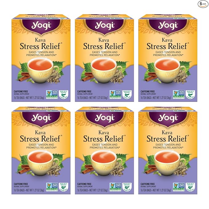 Yogi Tea - Kava Stress Relief (6 Pack) - Eases Tension and Promotes Relaxation - Caffeine Free - 96 Herbal Tea Bags