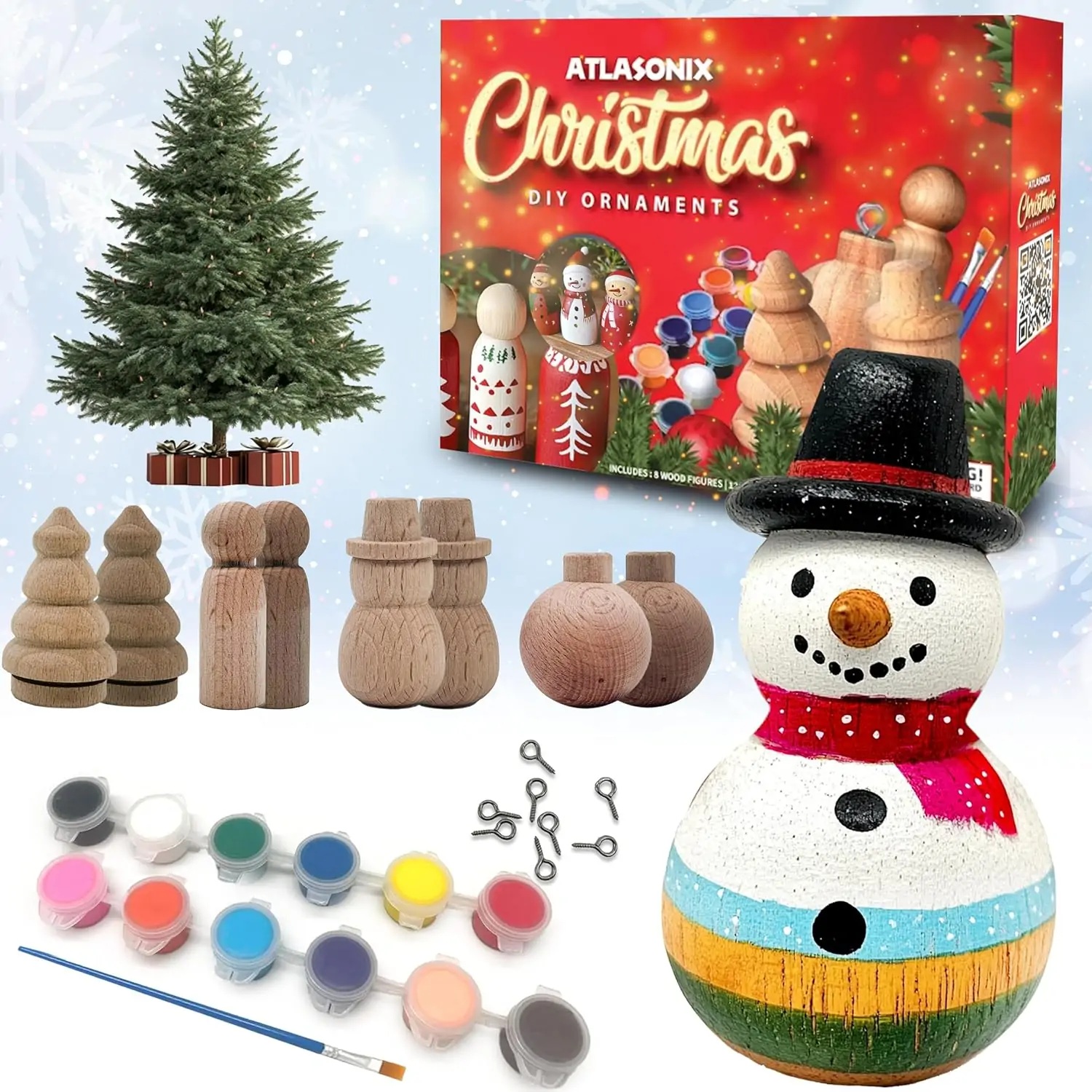 Christmas Ornaments DIY Kit - 3D Wooden Christmas Tree Decoration Craft Set for Kids - Montessori Snowman Painting & Bead Crafting - Winter Holiday Party Set for New Year - 8 Piece Hanging Ornaments