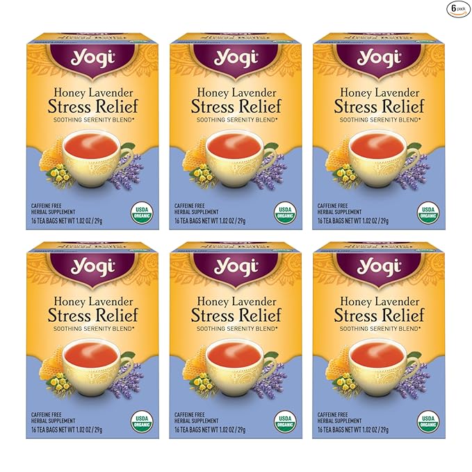 Yogi Tea Honey Lavender Stress Relief Tea - 16 Tea Bags per Pack (6 Packs) - Organic Chamomile Lavender Tea - Includes Lemon Balm, Lemongrass, Spearmint Leaf, Peppermint Leaf, Honey Flavor & More